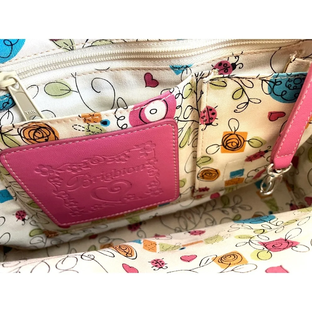 Brighton Straw Tote with Pink Trim and Multicolor Floral Appliques